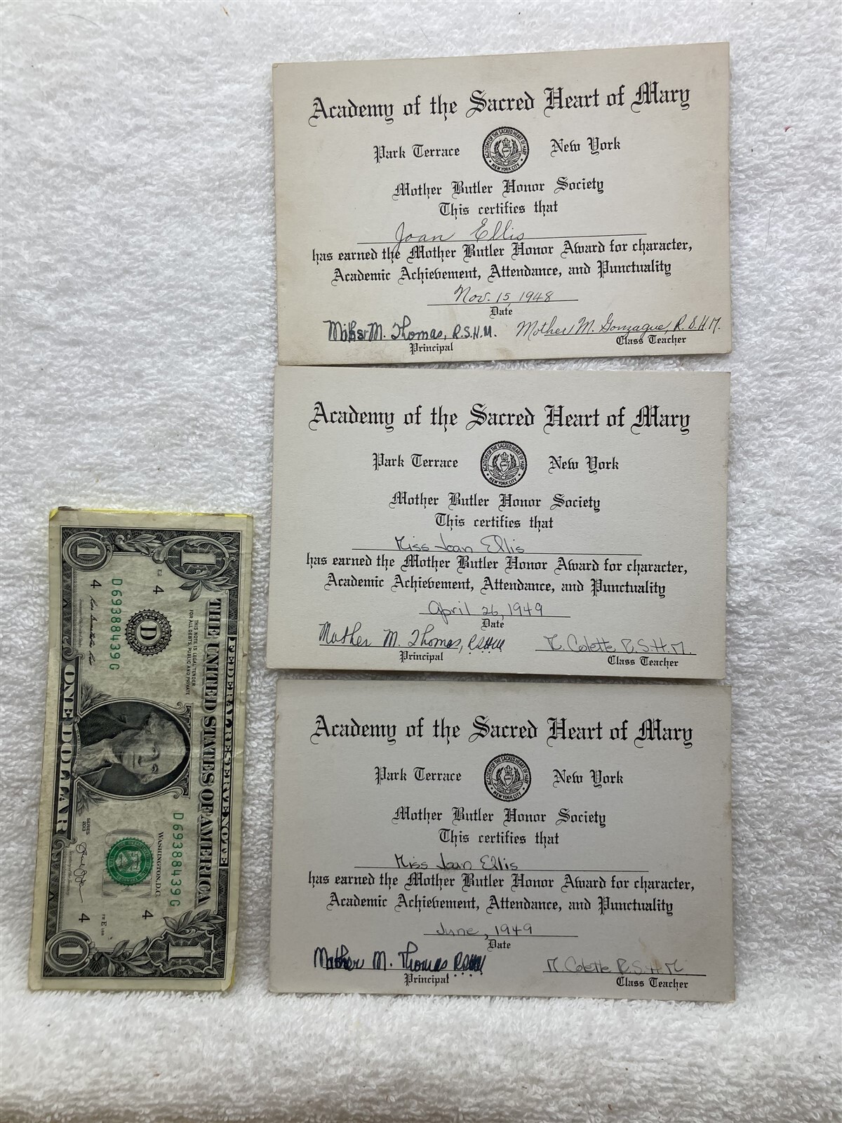 1948 1949 Academy of the Sacred Heart of Mary Park Terrace NY Certificates Vtg