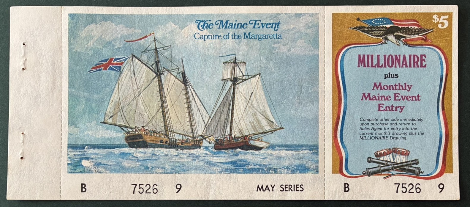 1980 Maine Millionaire Lottery Ticket 1st Revolution Naval Battle, no cash value