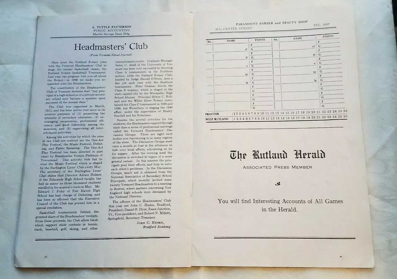 Vintage 1940 19th Annual Southern Vermont Championship Basketball Tournament