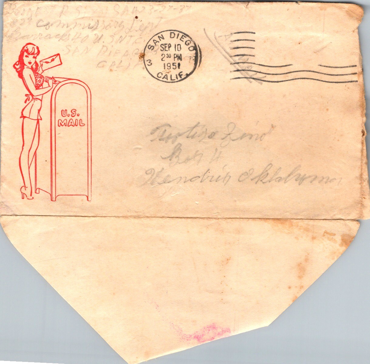1951 US Navy Sailor Letter San Diego CA Pin-Up Envelope to Turtise Lord OK