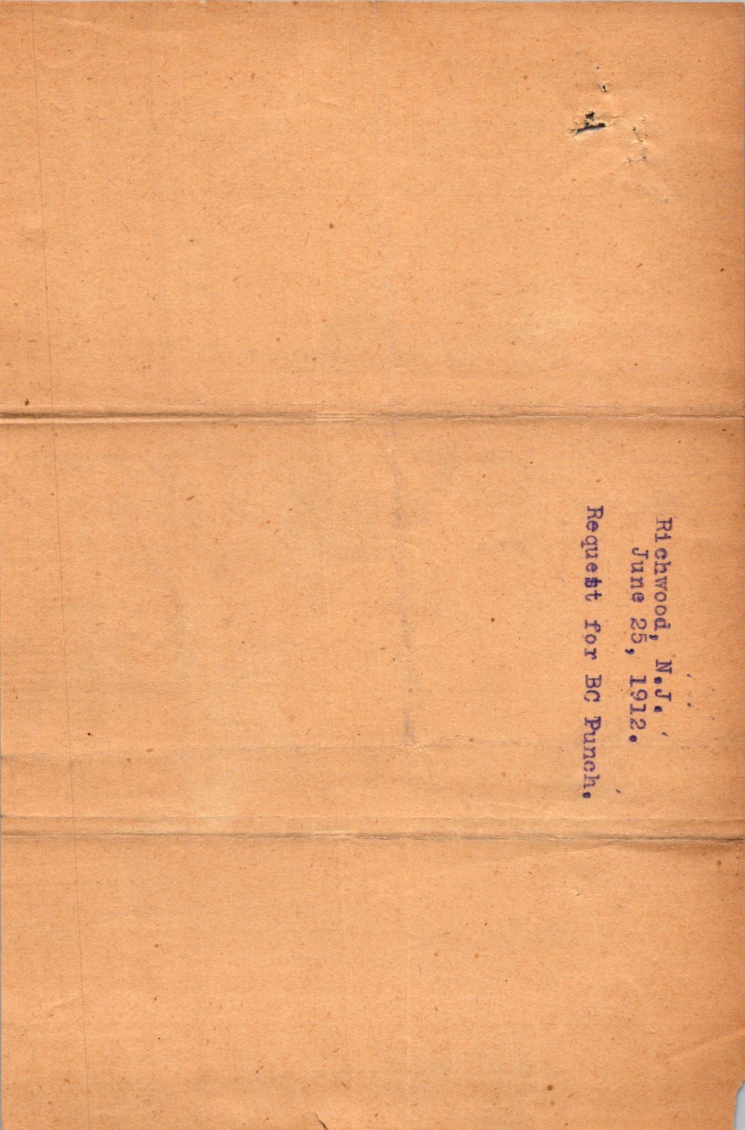 Atlantic City RR 1912 Richwood NJ Agent Letter BC Punch Form 12A Cursive
