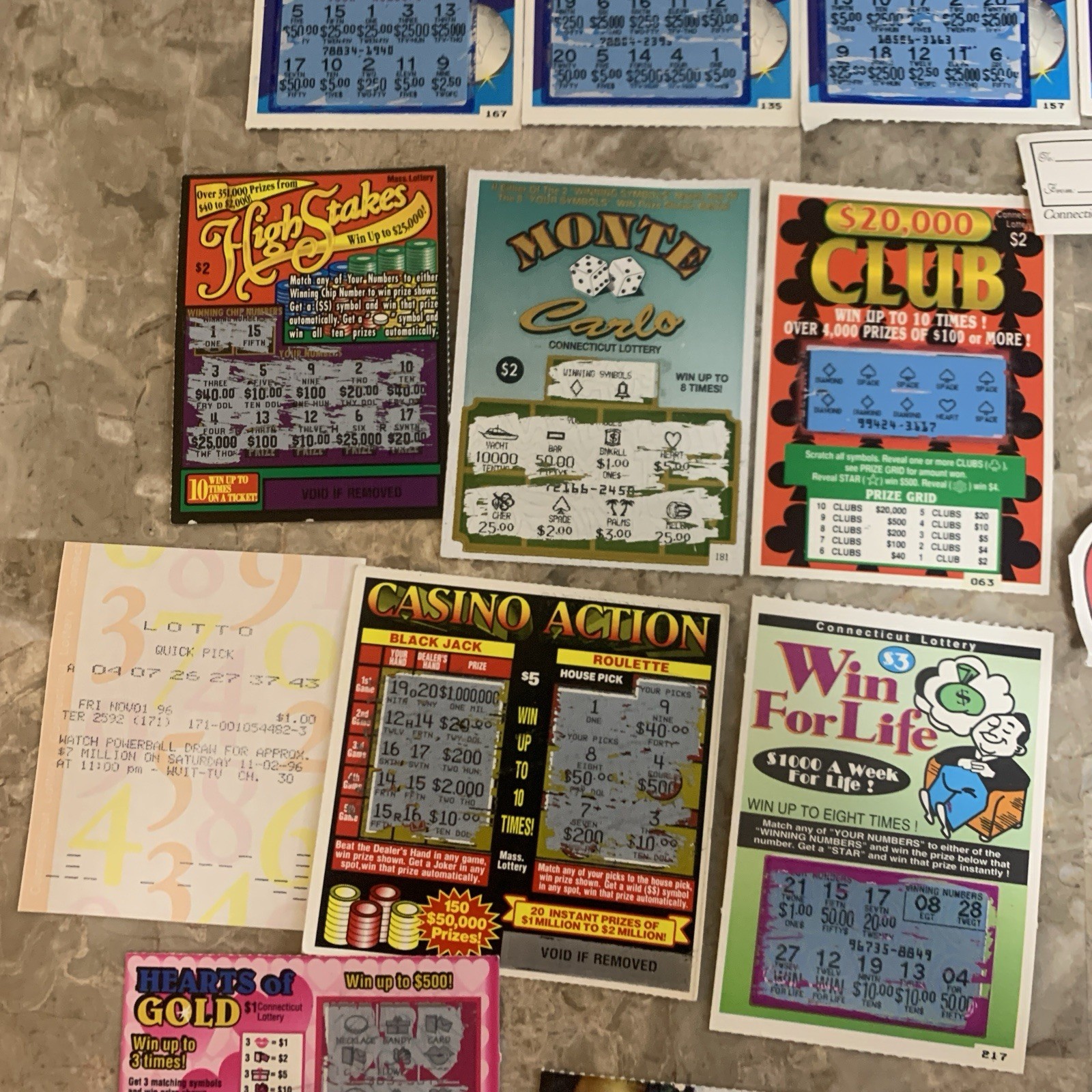 Vintage Connecticut State Lottery Scratch Off Tickets Losing 1990s 1995 1996 CT