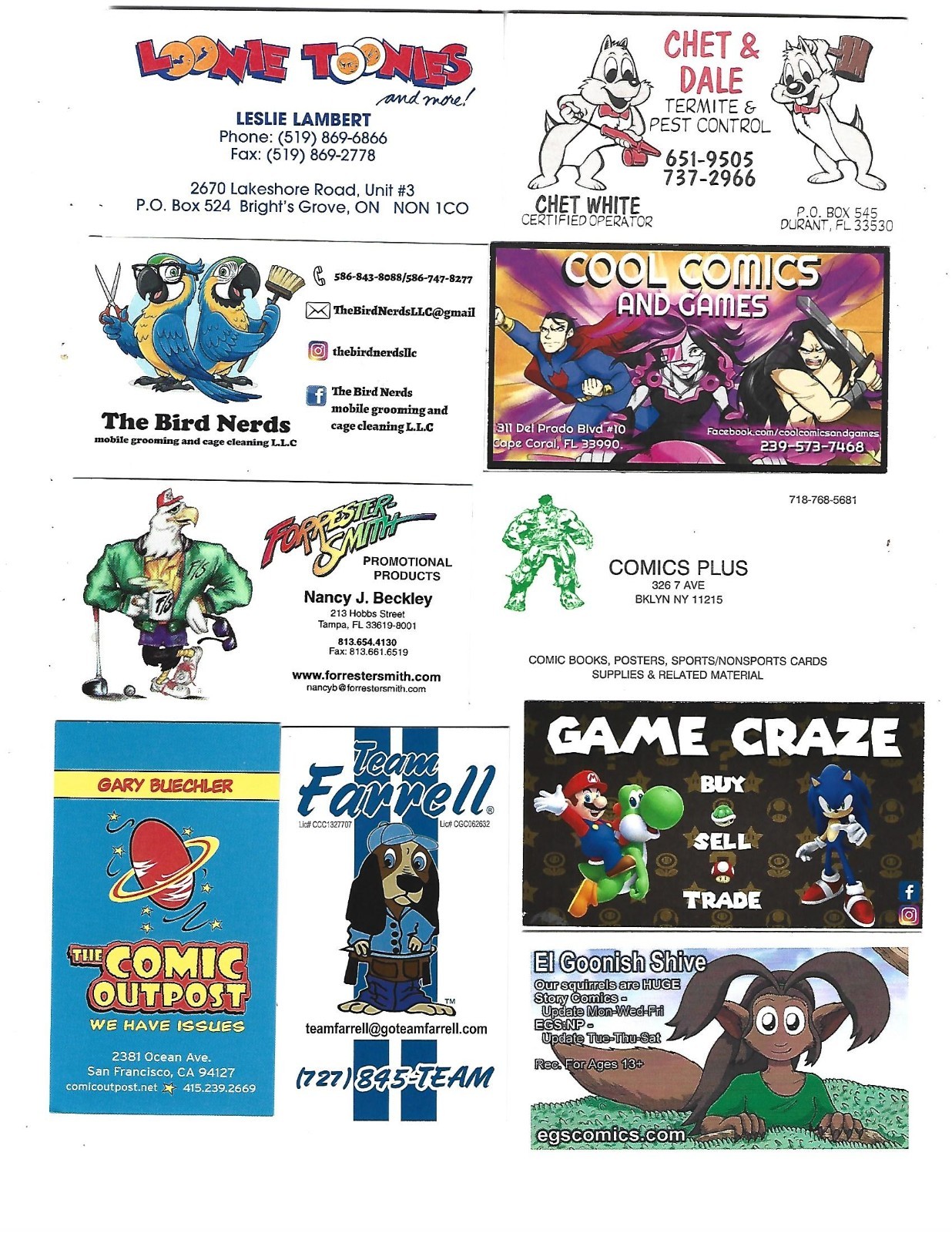 10 Collectible Business Cards COMICS -CARTOONS-ANIMATED