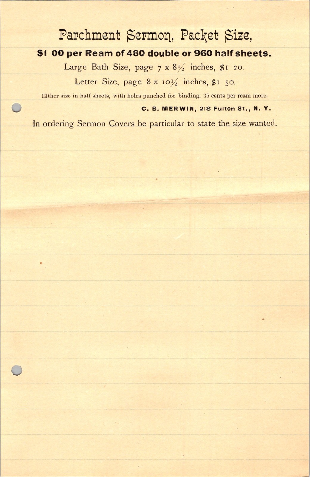 C B Merwin Sample Sheet 1880s Parchment Sermon Paper New York City Clerical