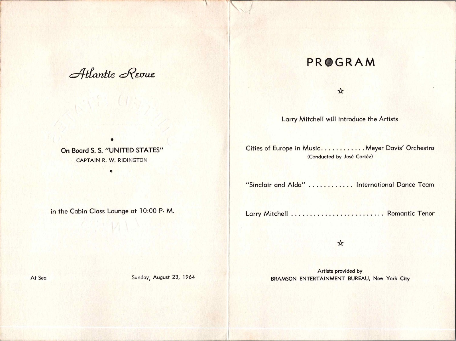 United States Lines Menu 1964 S S United States Evening Entertainment Cabin