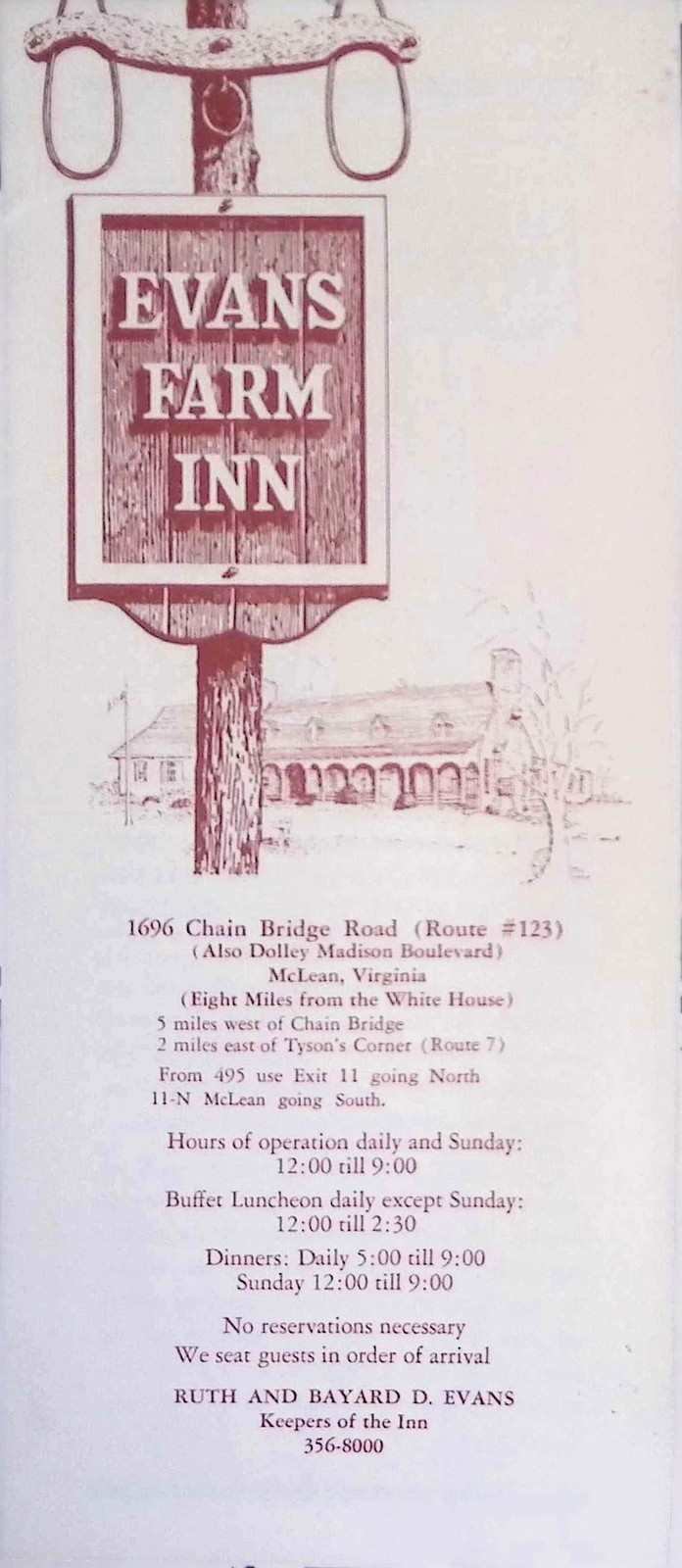 Evans Farm Inn McLean VA Tri-Fold Brochure c1950s Colonial Dining