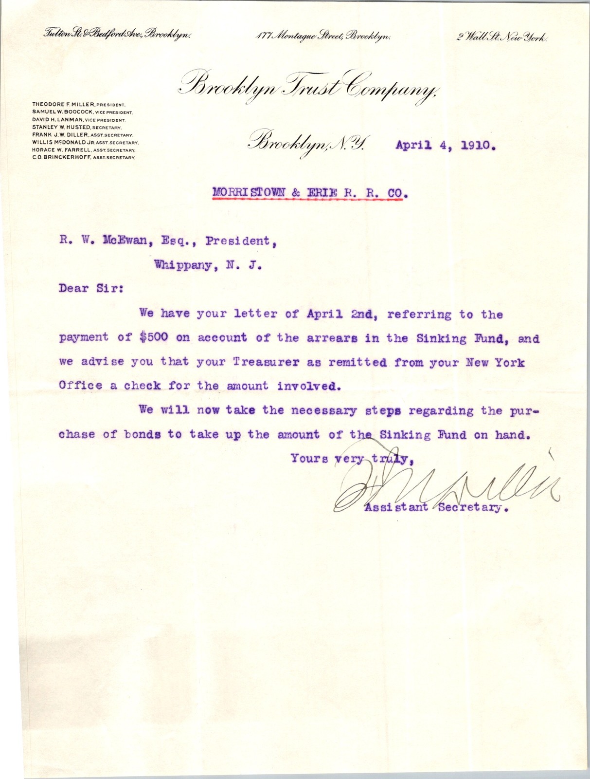 1910 Brooklyn Trust Co. Letter to Morristown & Erie RR Pres. Purple Ink