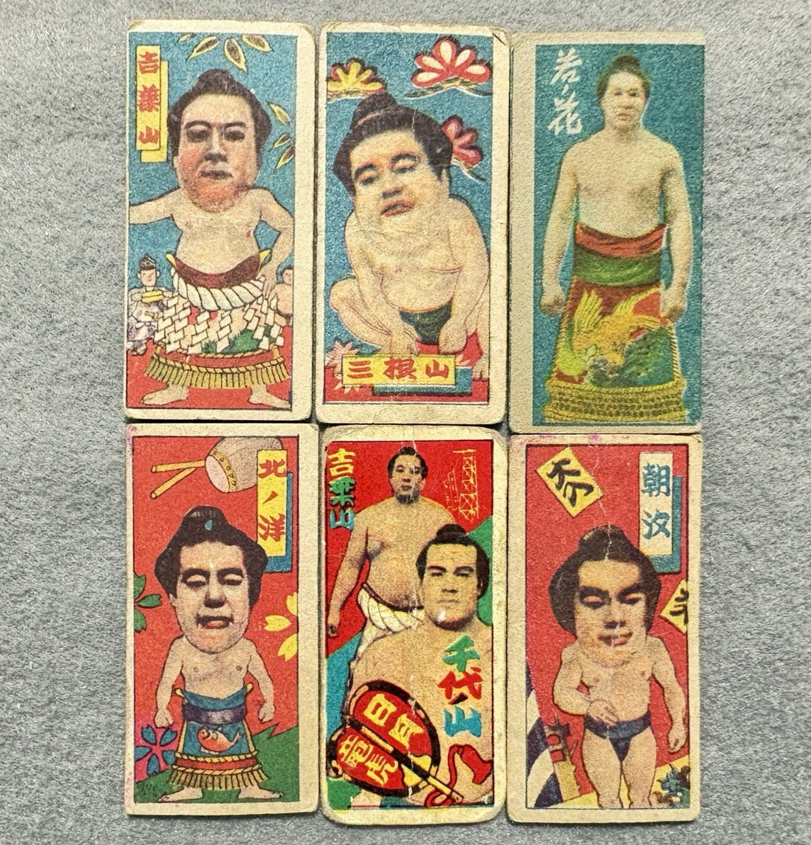 Vintage 1940s Menko Sumo Cards – Lot of 6 Showa Era Sumo Wrestlers Wakanohana