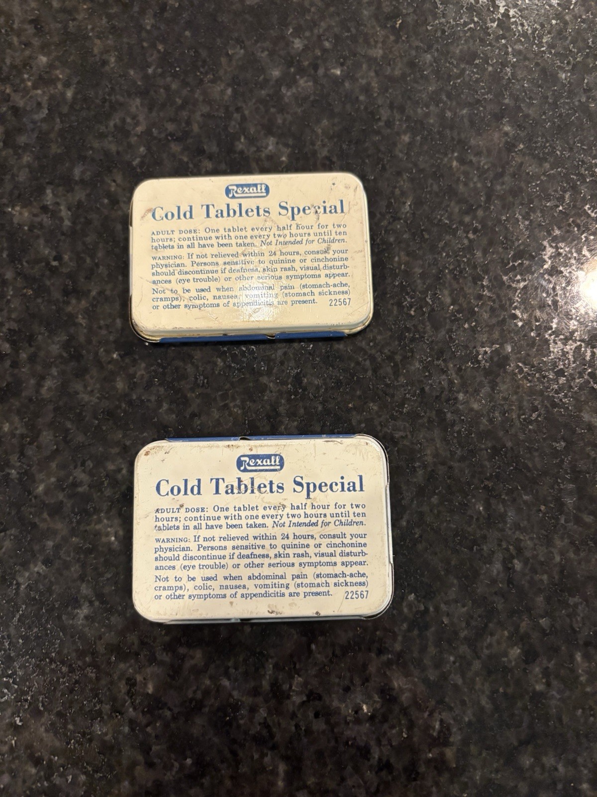 2- Rexall Cold Tablets Special EMPTY metal tins 1938