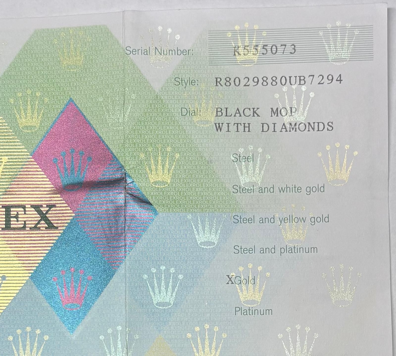 Rolex 80298 Pearlmaster Warranty Certificate Guarantee 2000s K Serial Cert