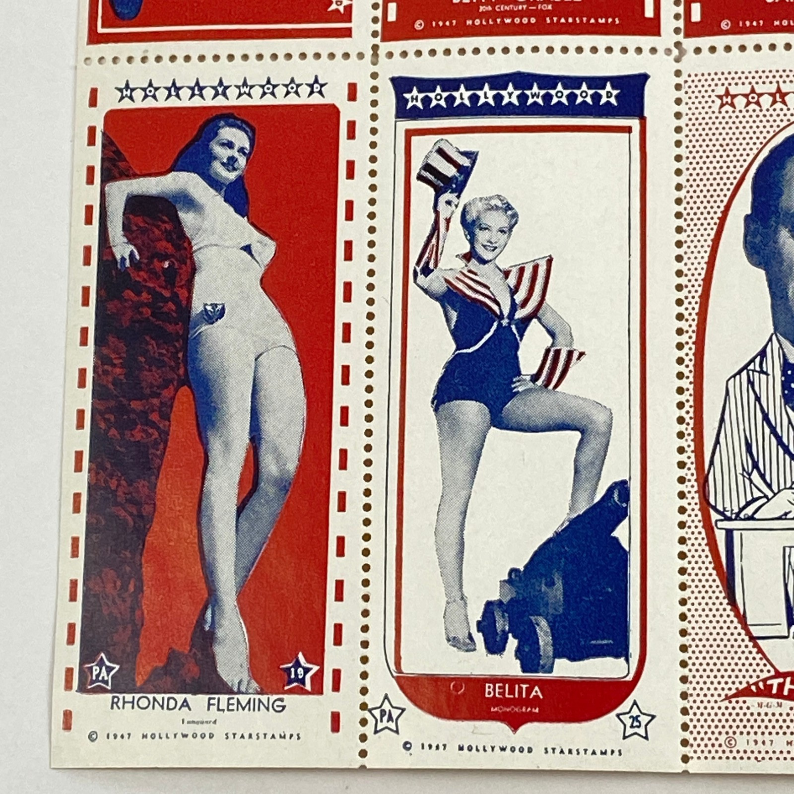 1947 Hollywood Starstamps Sheet Betty Grable Rhonda Fleming Janet Blair VTG