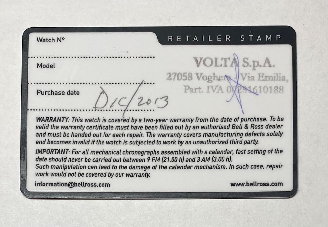 Authentic Bell & Ross Black Certificate Blank Guarantee Card Stamped/Dated