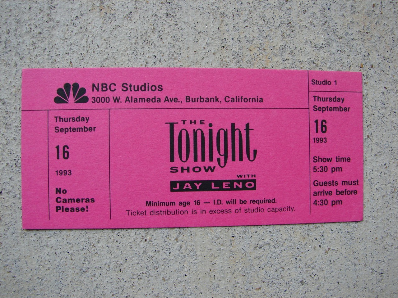 THE TONIGHT SHOW STARRING JAY LENO 1 Original 1994 Tickets NBC TV Burbank CA