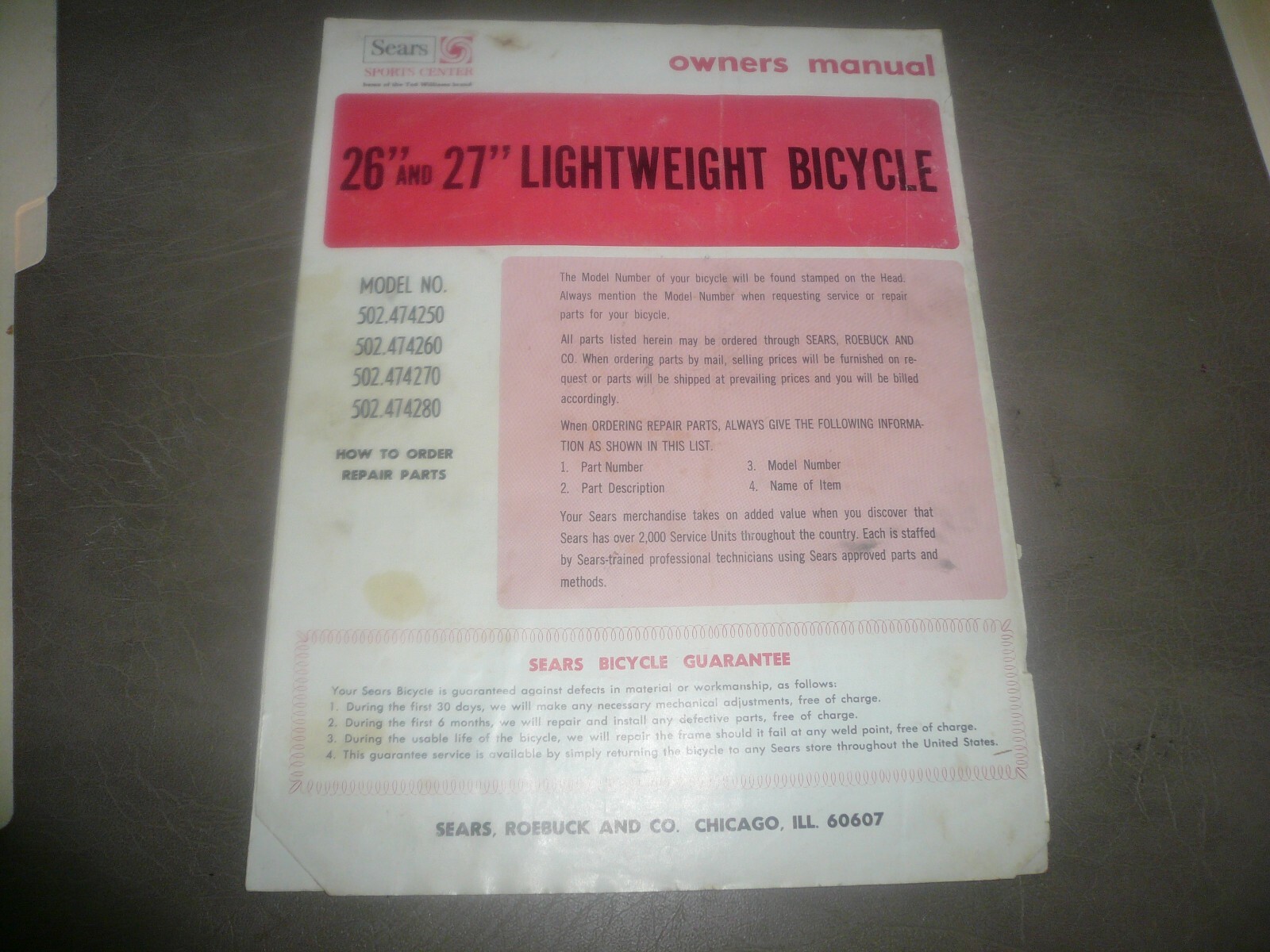 Sears 26″ & 27″ Lightweight Bicycle Owner’s Manual – F-3107