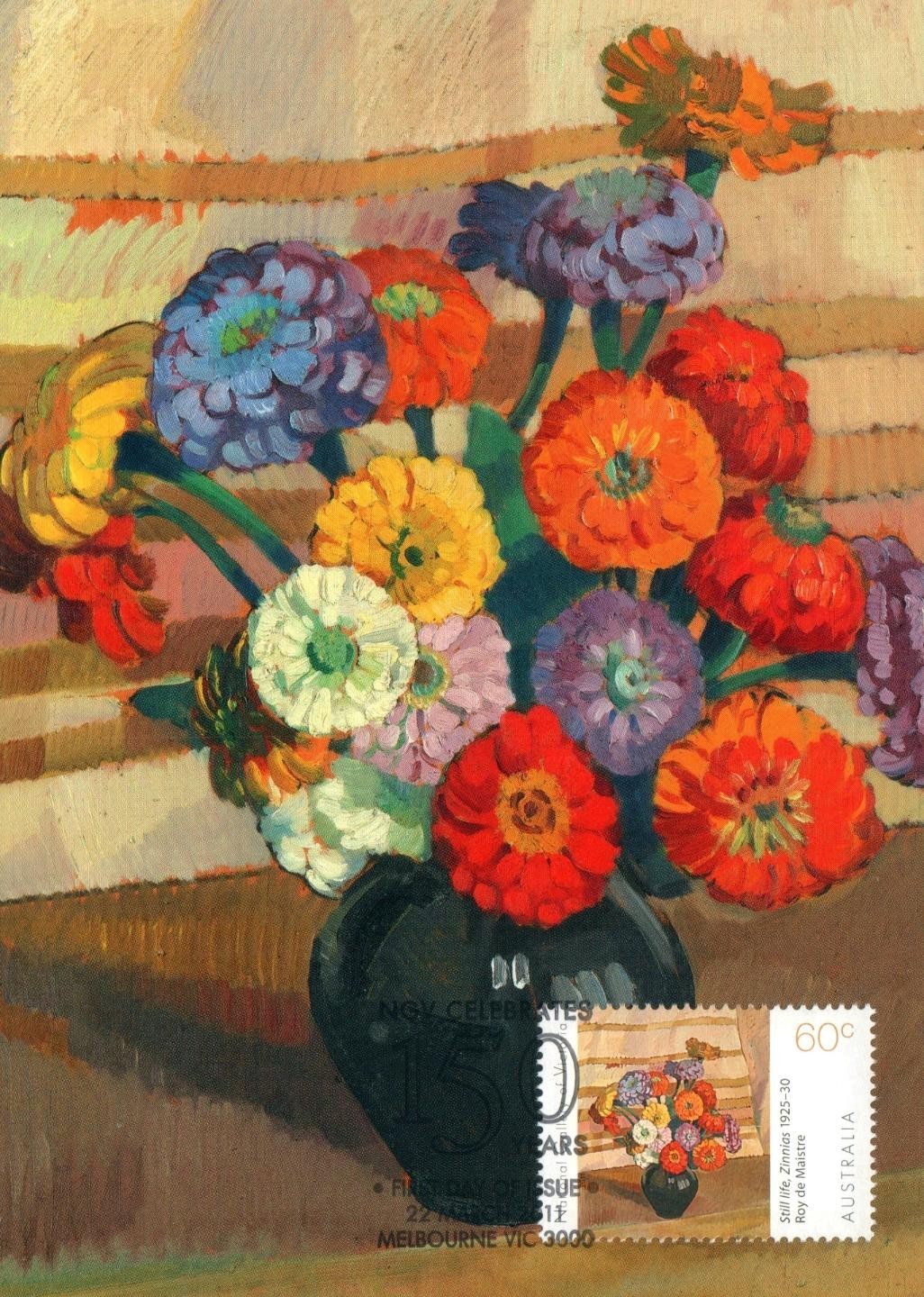 2011 Roy de Maistre Zinnias POSTCARD Maxicard FDI 60c Stamp Cancel Melbourne