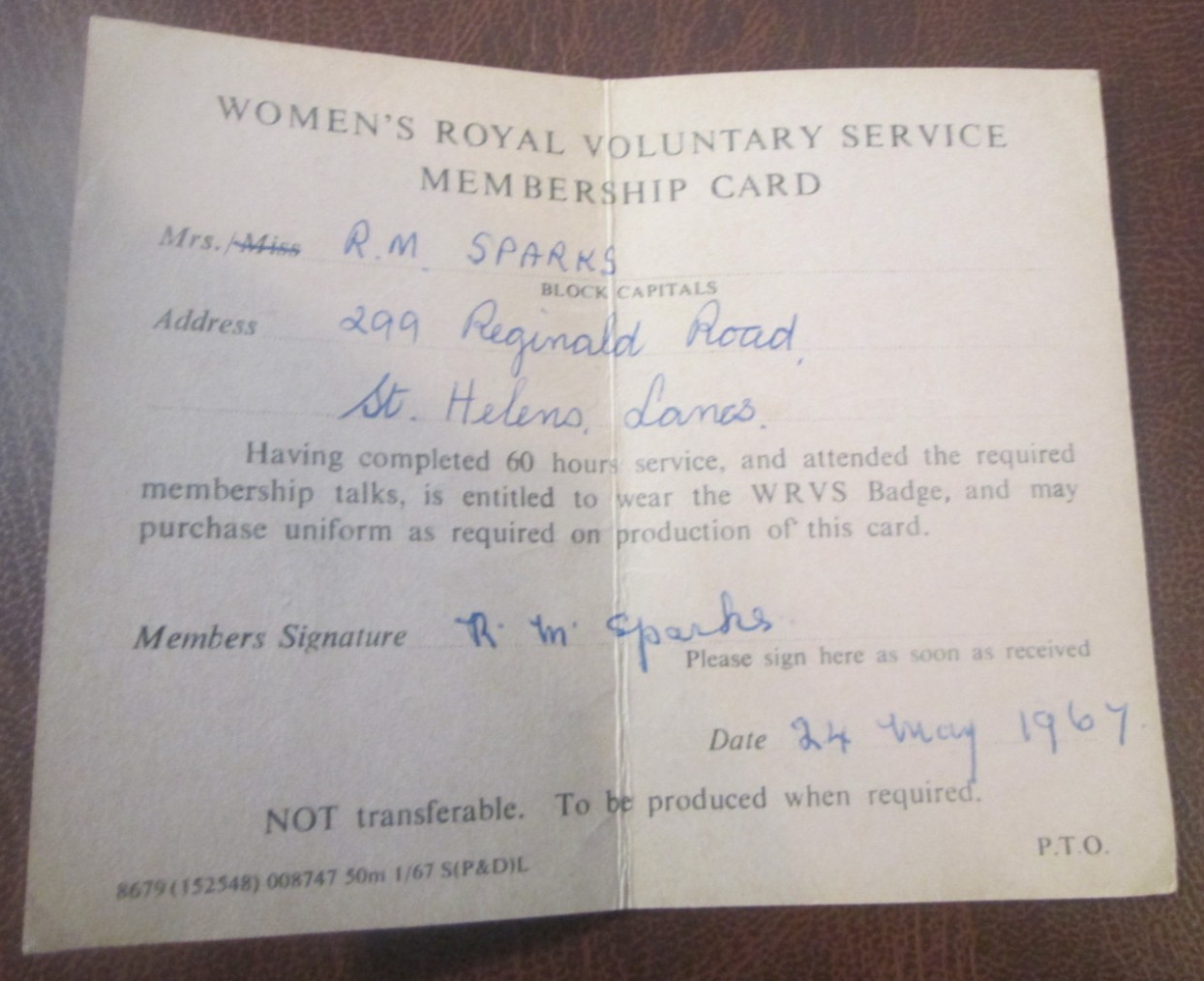 Vintage Membership Card Women’s Royal Voluntary Service, dated 1967 R.M.SPARKS