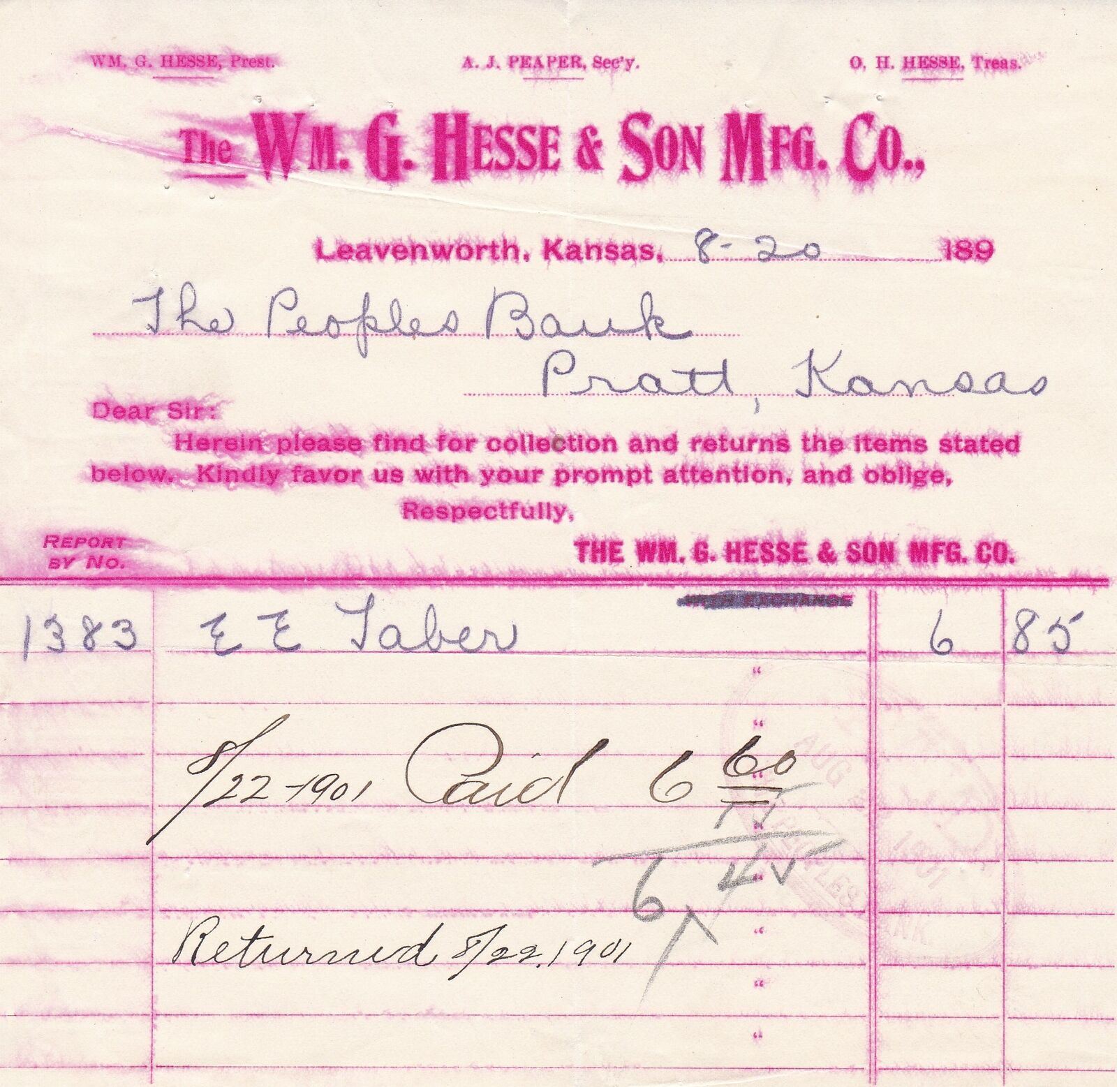 U.S. Wm. G. HESSE & SON MFG. CO. Leavenworth, Kansas 1901 Paid Invoice Ref 48866