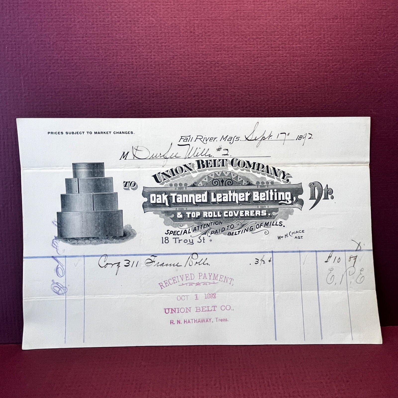 Antique billhead receipt Union Belt Company 17 Sept 1892 Fall River Mass SL2