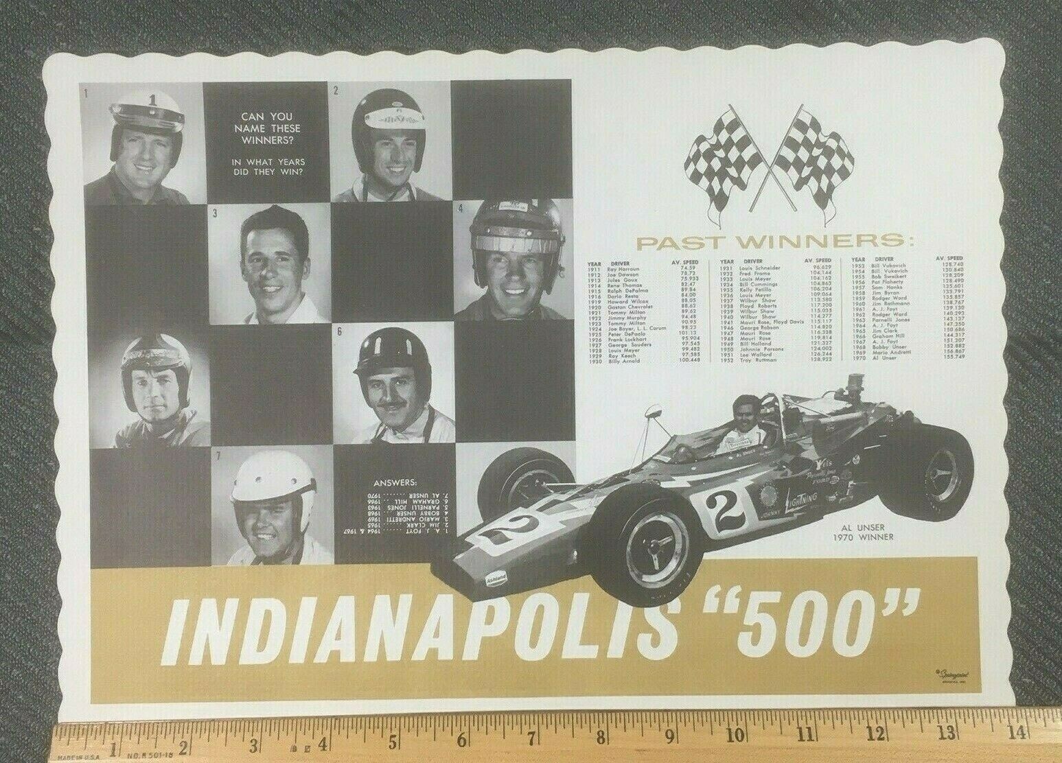 1971 Springprint Indy 500 Paper Placemat Unser Andretti Jones Foyt Clark Lot
