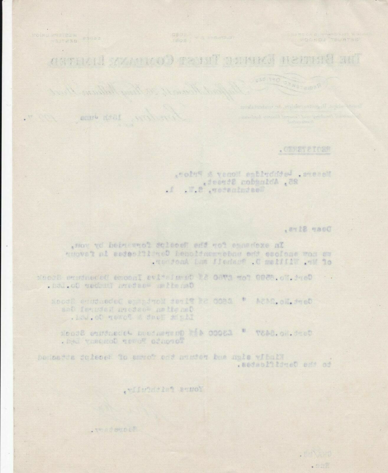 THE BRITISH EMPIRE TRUST COMPANY, LIMITED.London 1927 Certificates Letter 46270