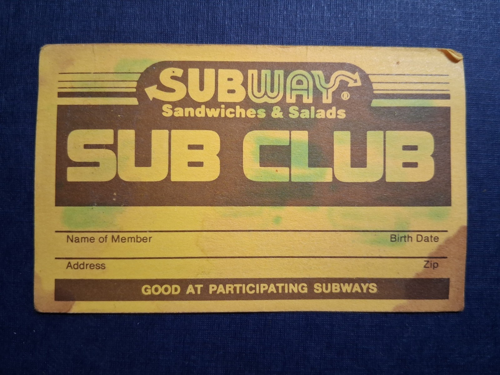 Vintage 1980s Subway Club Sub Club Card with all the stamps