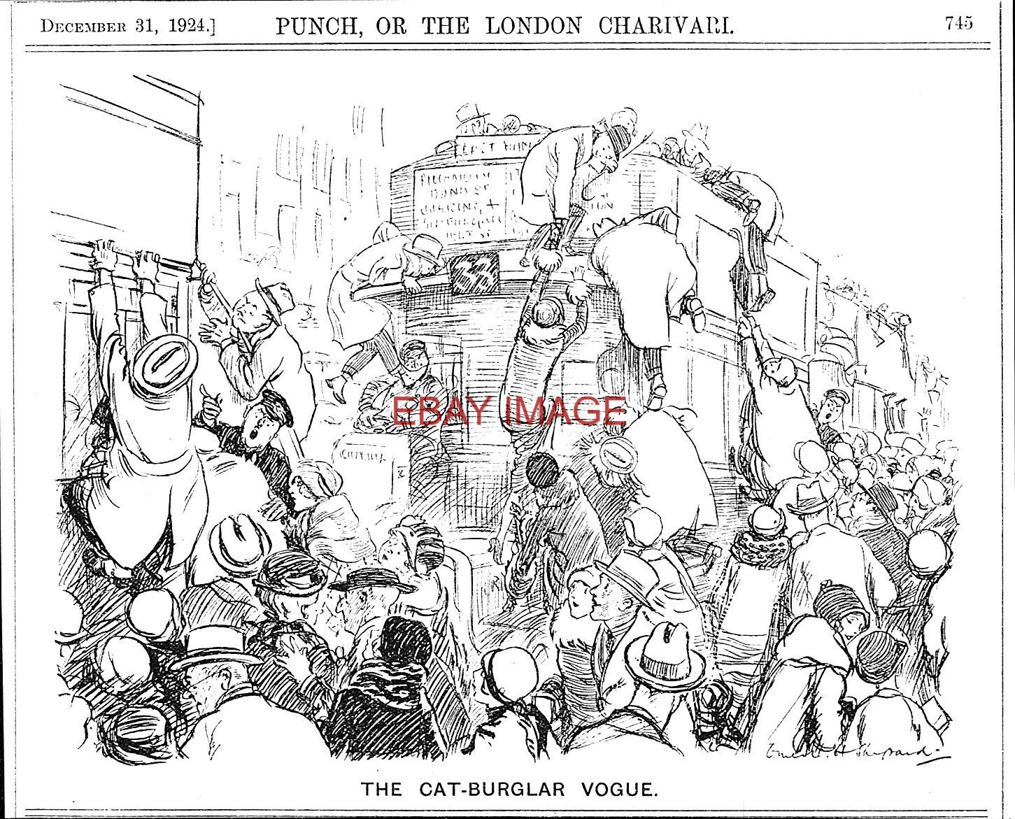 1924 Punch Print ‘The Cat-Burglar Vogue (Omnibus)’ Vintage Cartoon E H SHEPARD