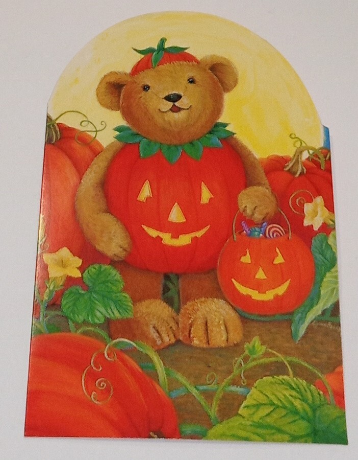 Halloween greeting card, teddy bear in Jack O’Lantern costume, 7 1/4″ used