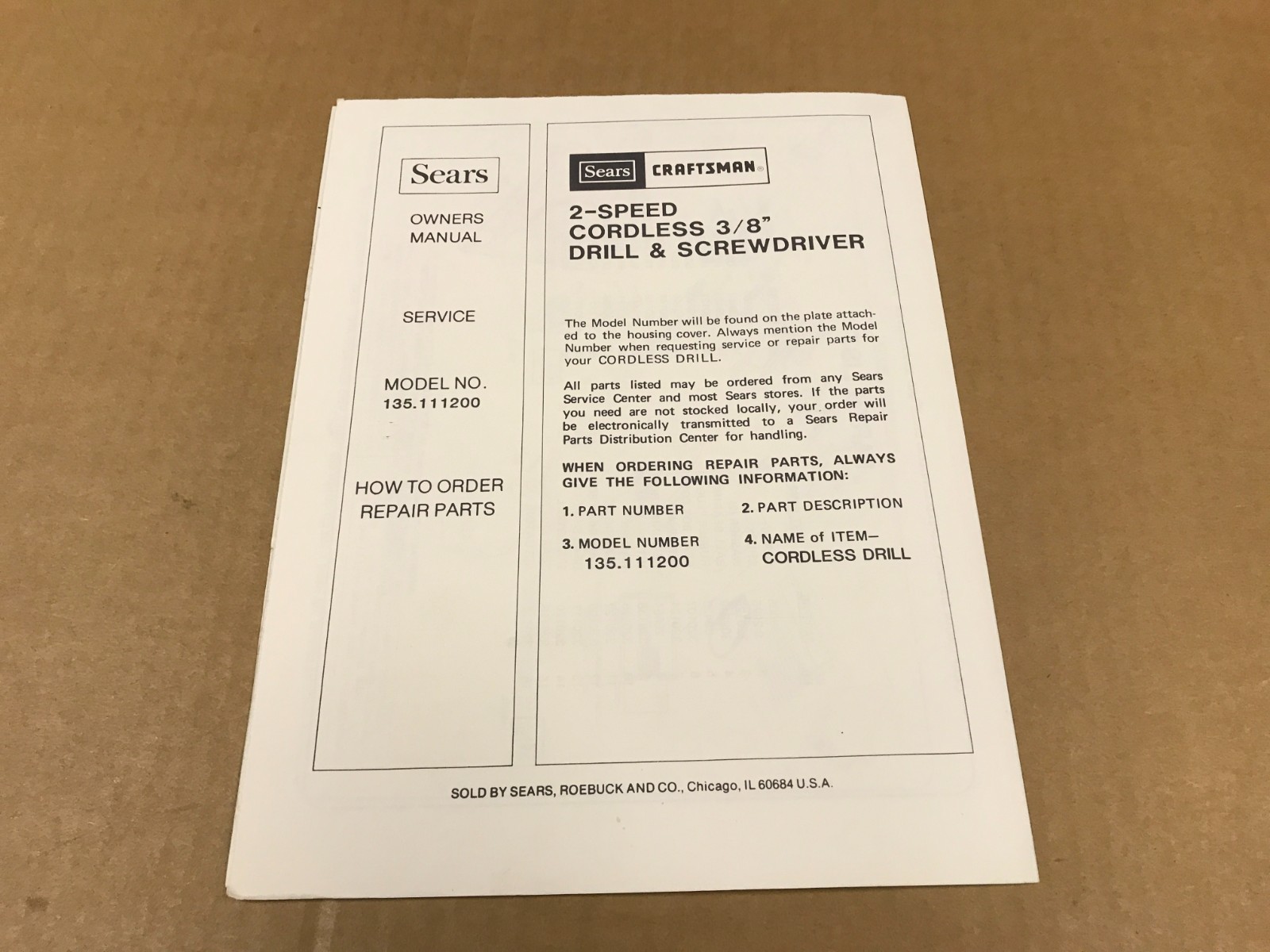 Vintage Sears Craftsman 2-Speed Cordless 3/8″ Drill & Screwdriver Owner’s Manual