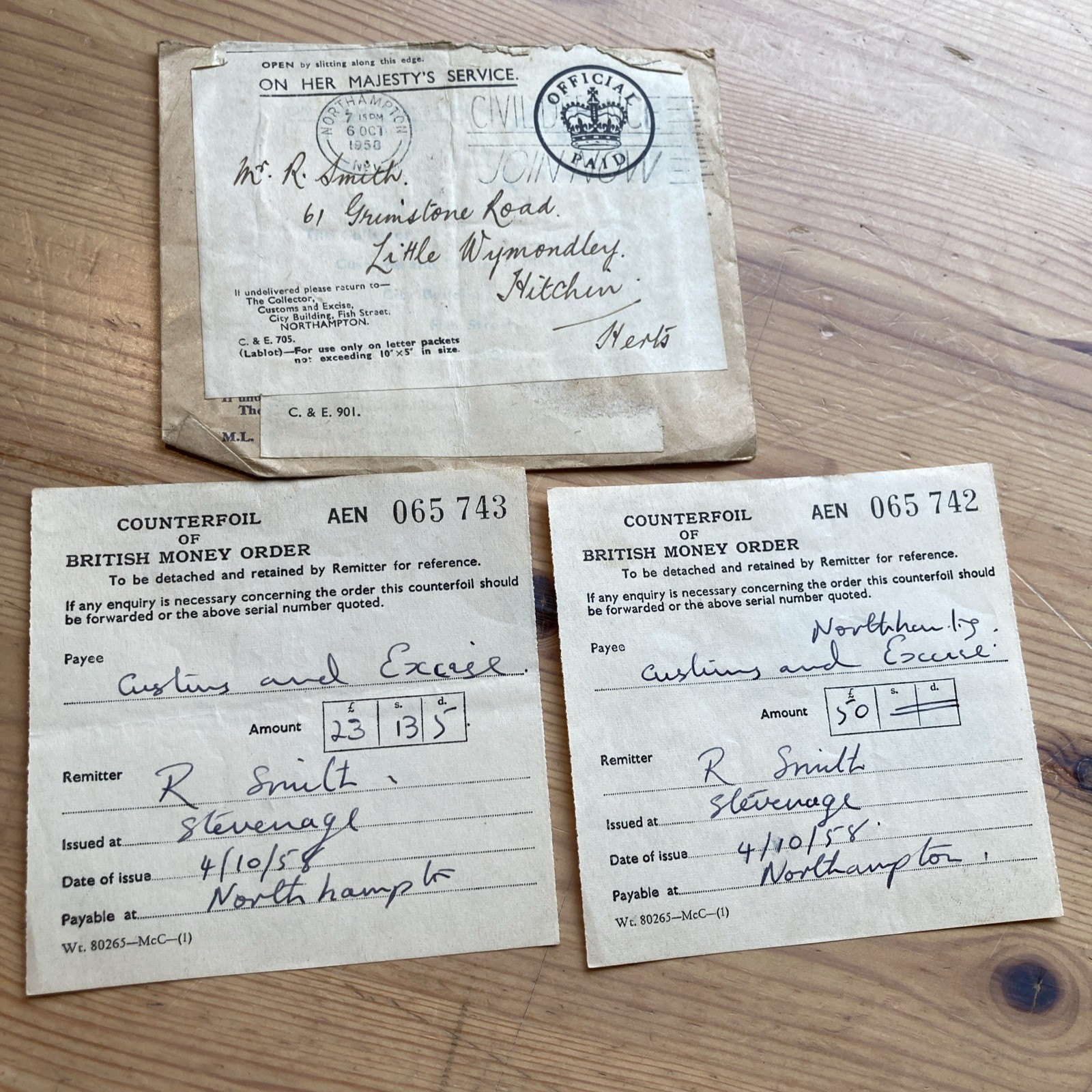 1958 British Money Order Counterfoils & Envelope
