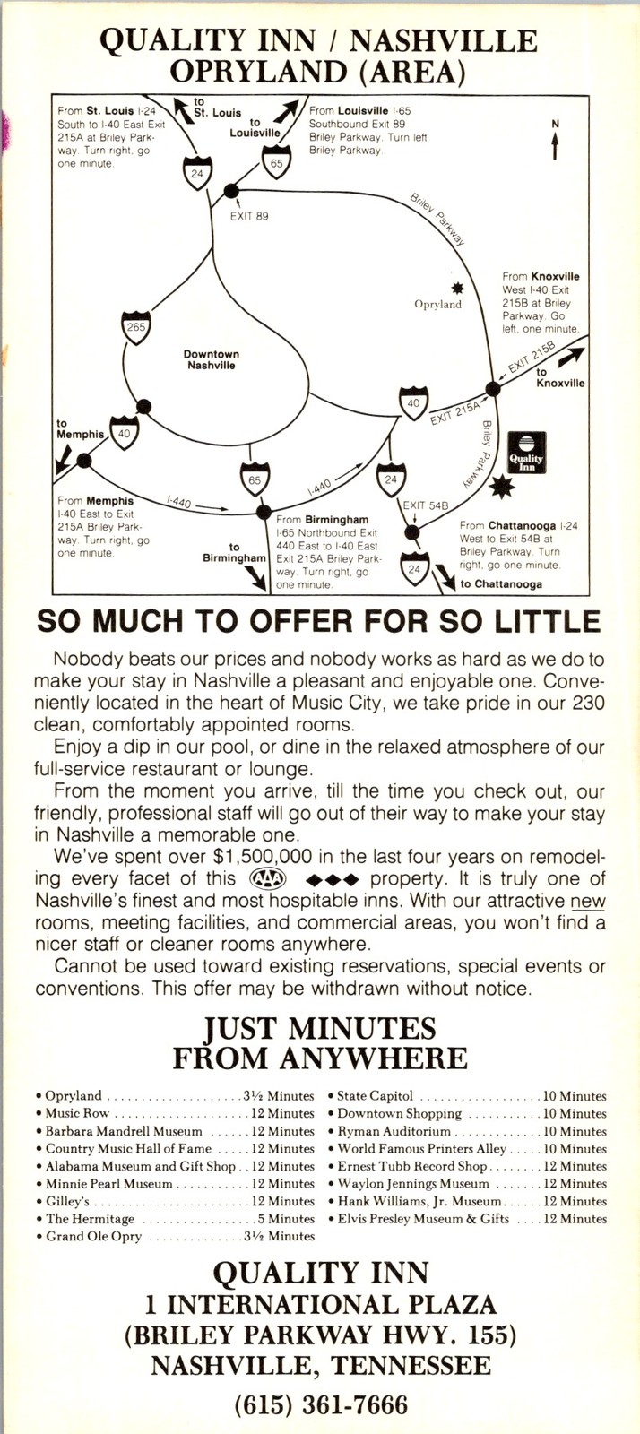 Quality Inn Opryland Hotel Rack Card 1970s Nashville Map & Driving Directions