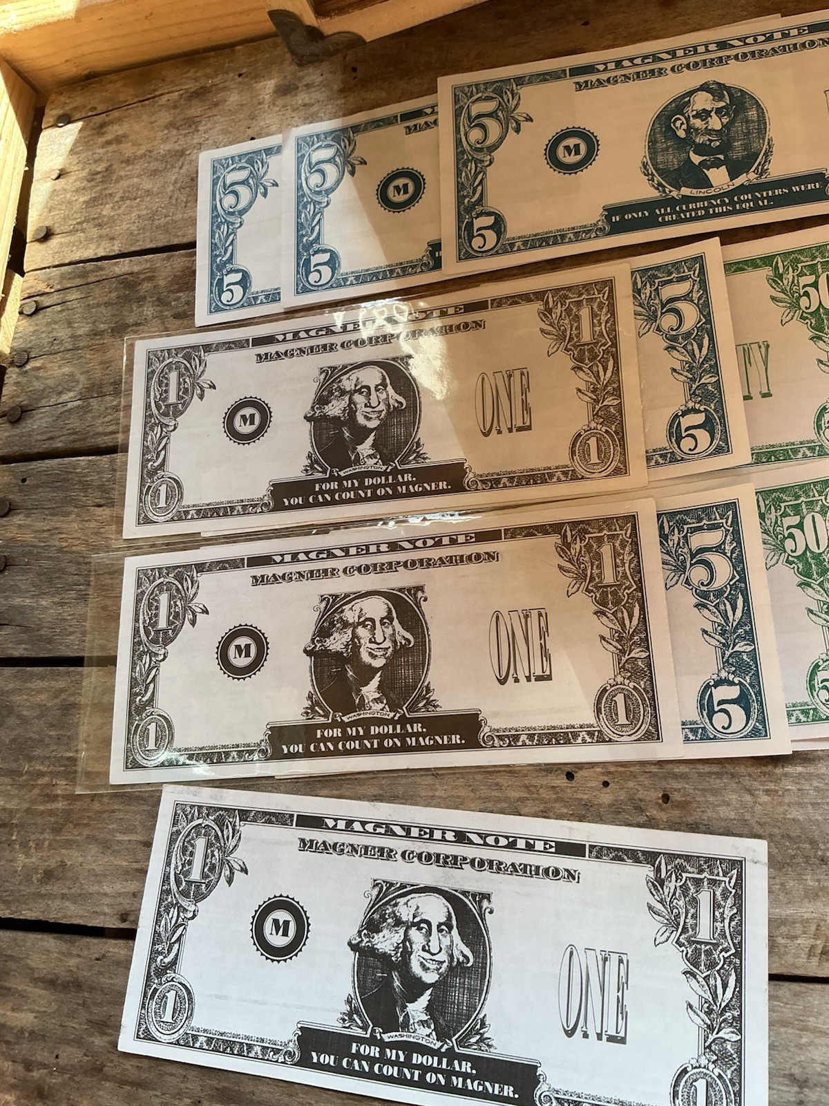 RARE Magner Corp Test Money Bank note lot $5 $1 $50 $100 ROGUE NOTES testing