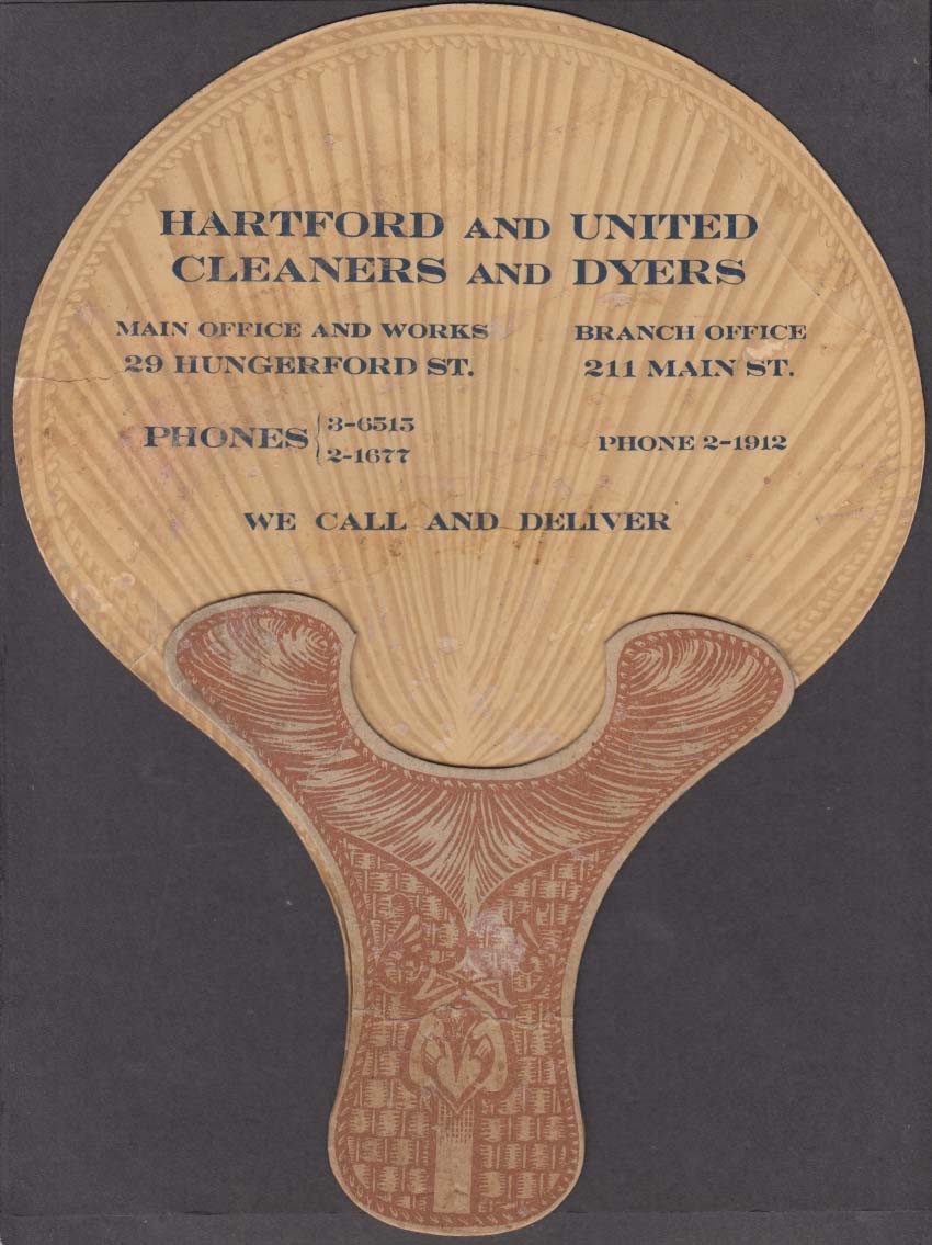 Hartford & United Cleaners & Dyers cardboard fan Hartford CT 1940s Hungerford St