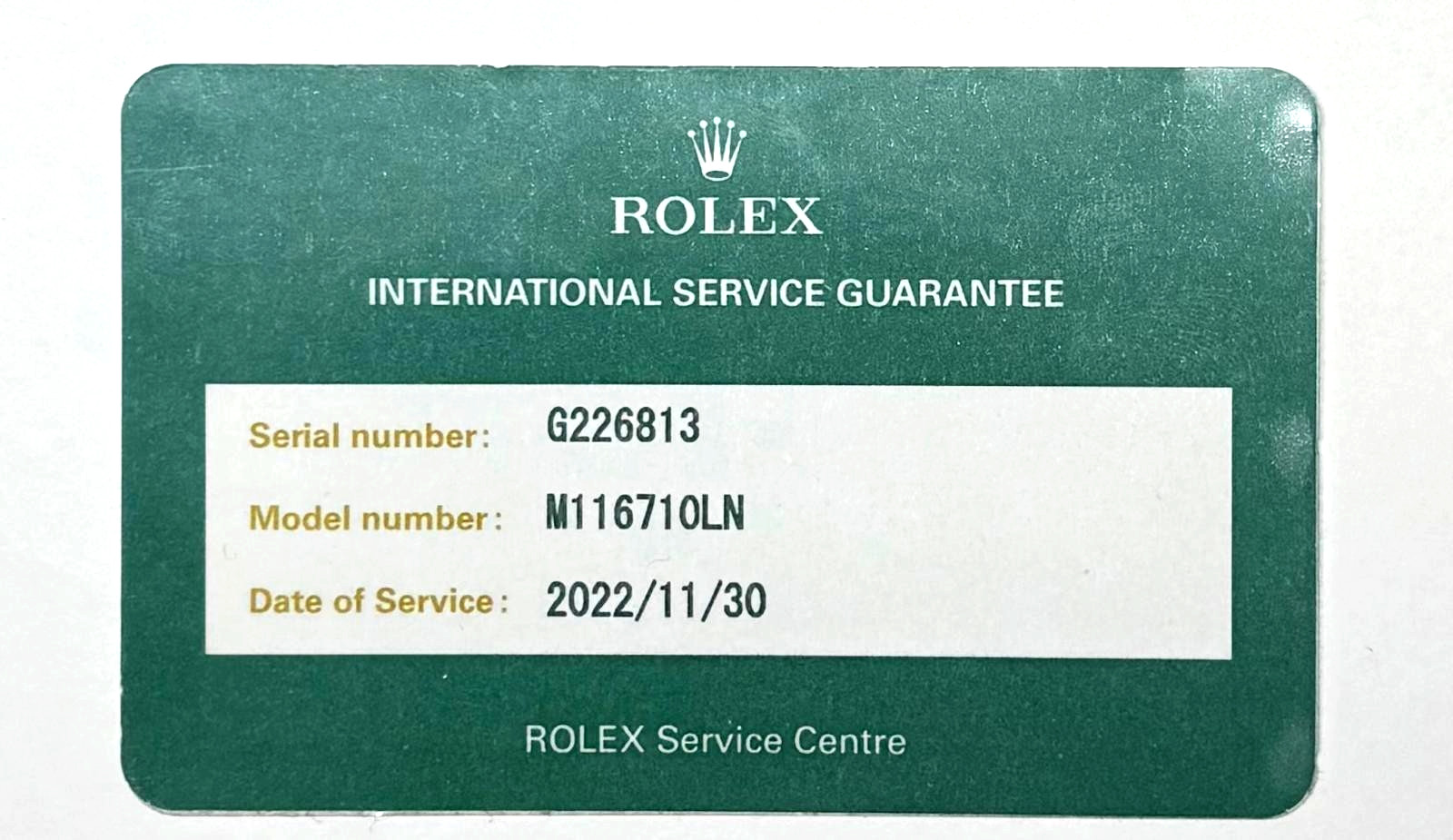 Rolex 116710LN GMT-Master II 2-Yr Service Warranty Certificate 2020s G Serial