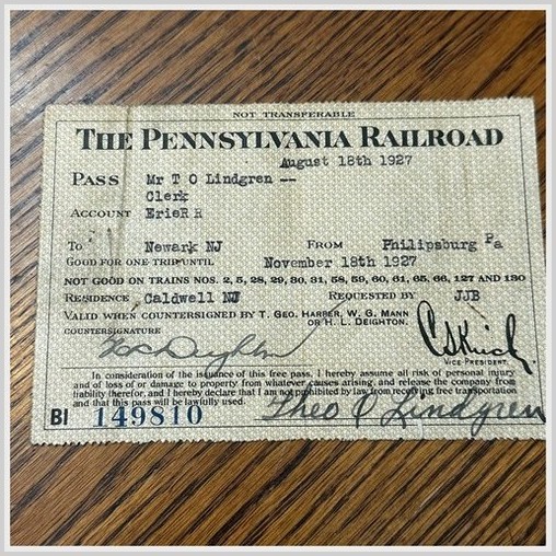 Pennsylvania Railroad Employee Pass 1927 Newark to Philipsburg Railroadiana