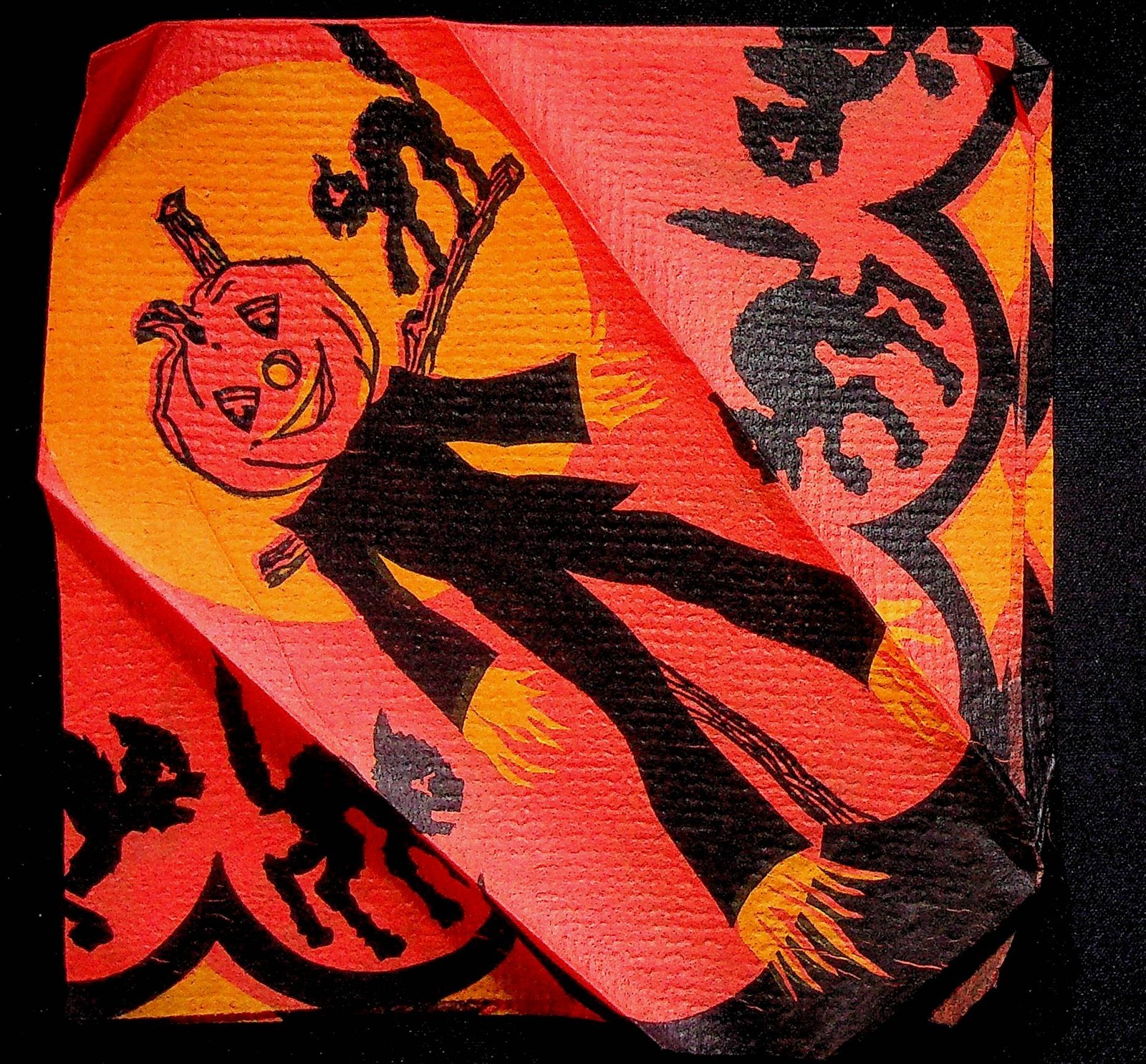 Halloween Crepe Paper Napkin JOL Black Cat Owl Jack O Lantern 1930s