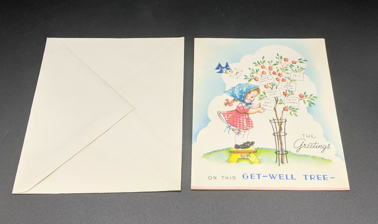 Unsigned Vintage Wallace Brown Greeting Card GET WELL Tree Girl Bluebird wishes