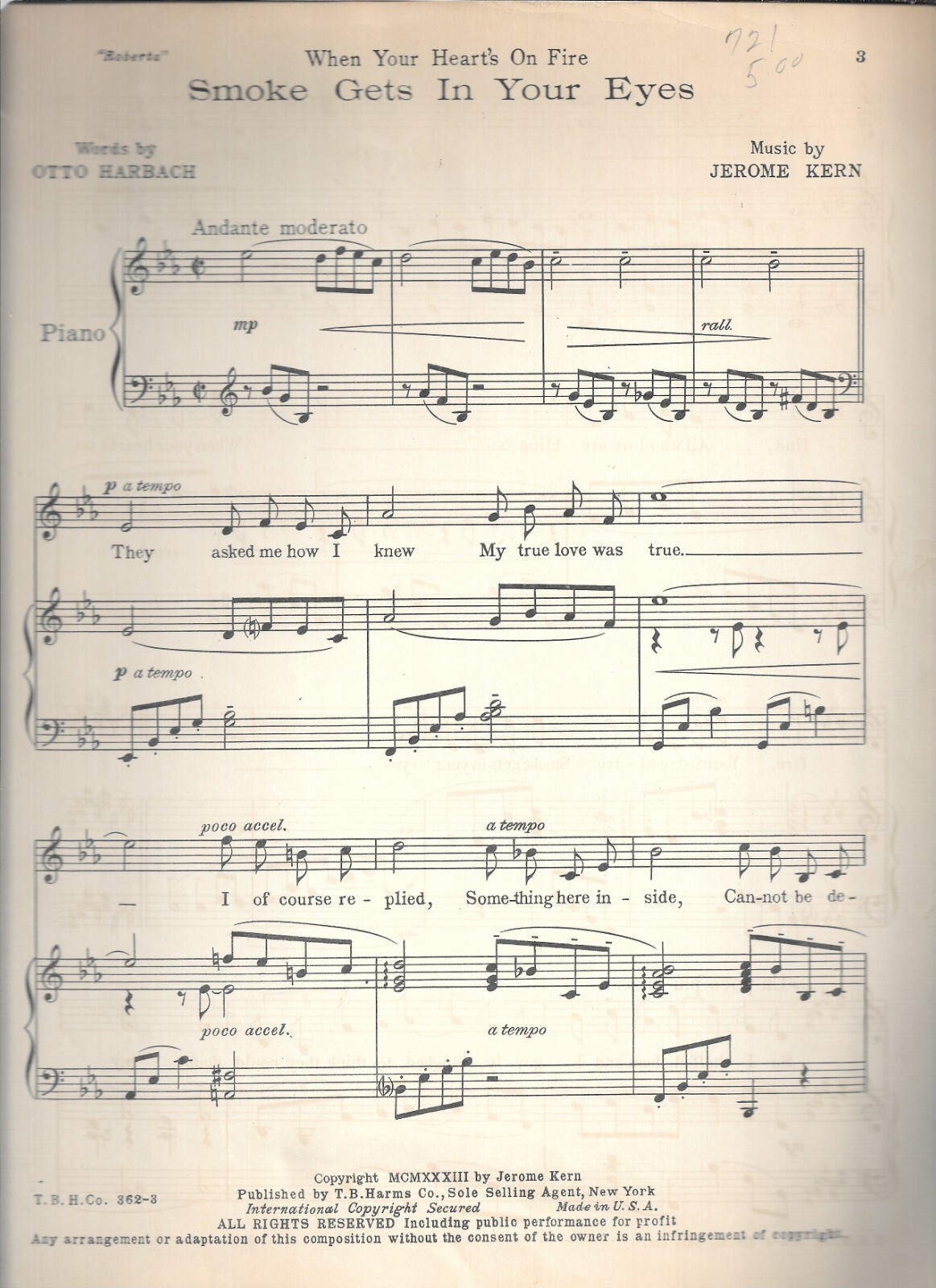1933 When Your Heart’s On Fire SMOKE GETS IN YOUR EYES Sheet Music ROBERTA