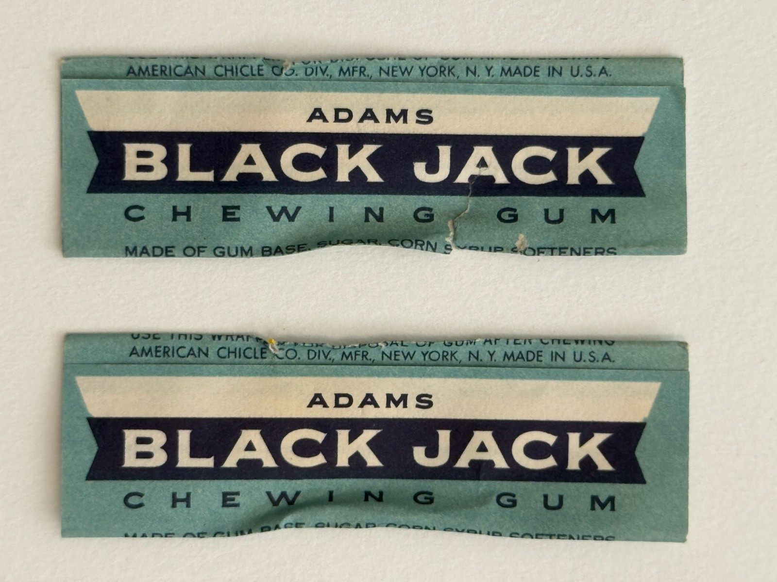 Vintage Adams Black Jack Chewing Gum Paper Wrapper, non-oval, lot of 2 tears
