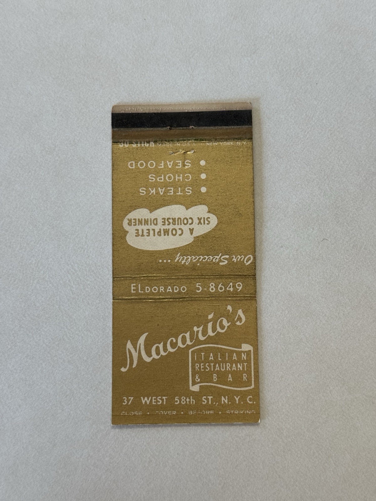 Macarios Italian Restaurant New York City Vintage Matchbook Cover S