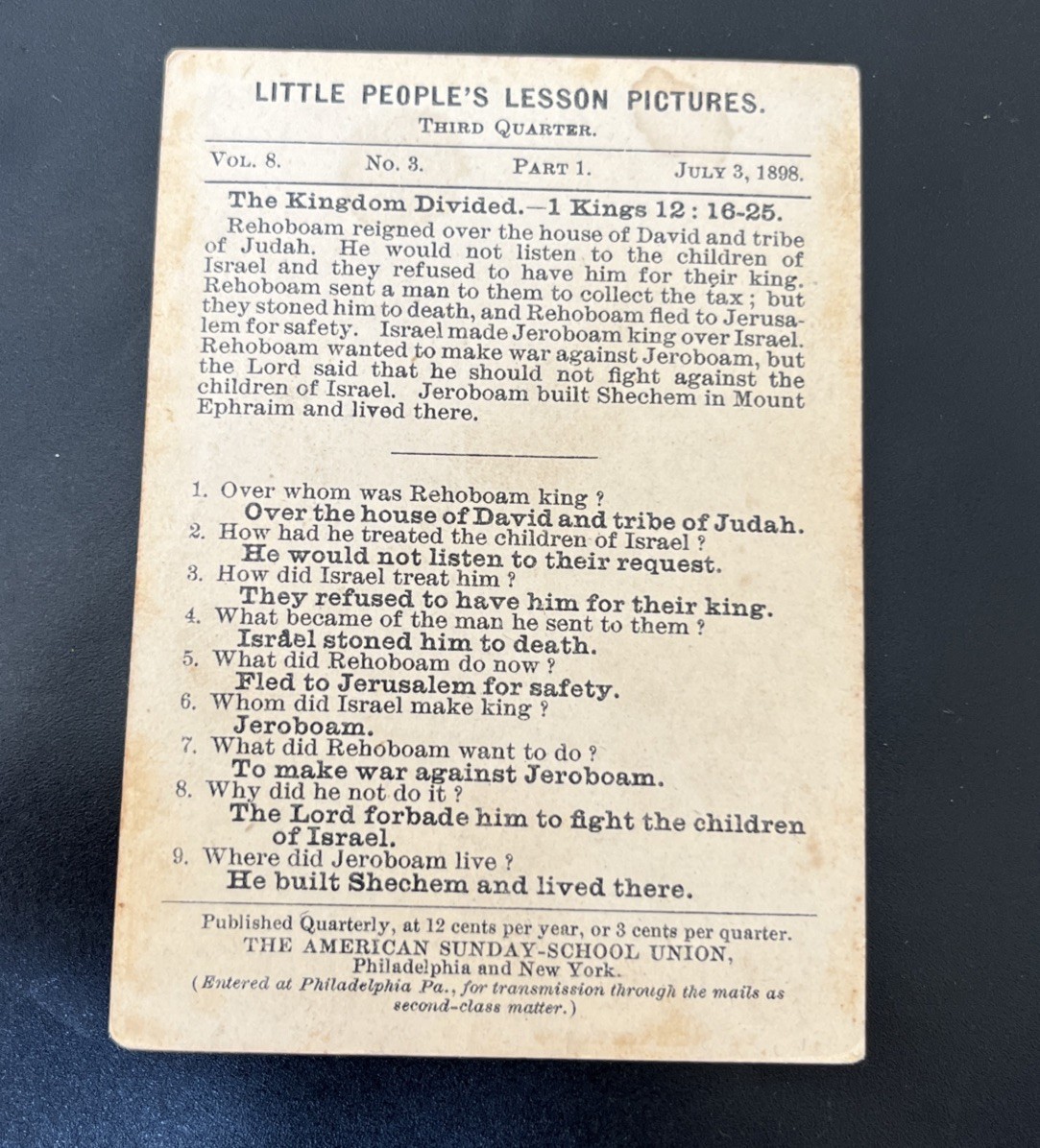 Antique 1898 Little People’s Lesson Pictures Card The Kingdom Divided Kings