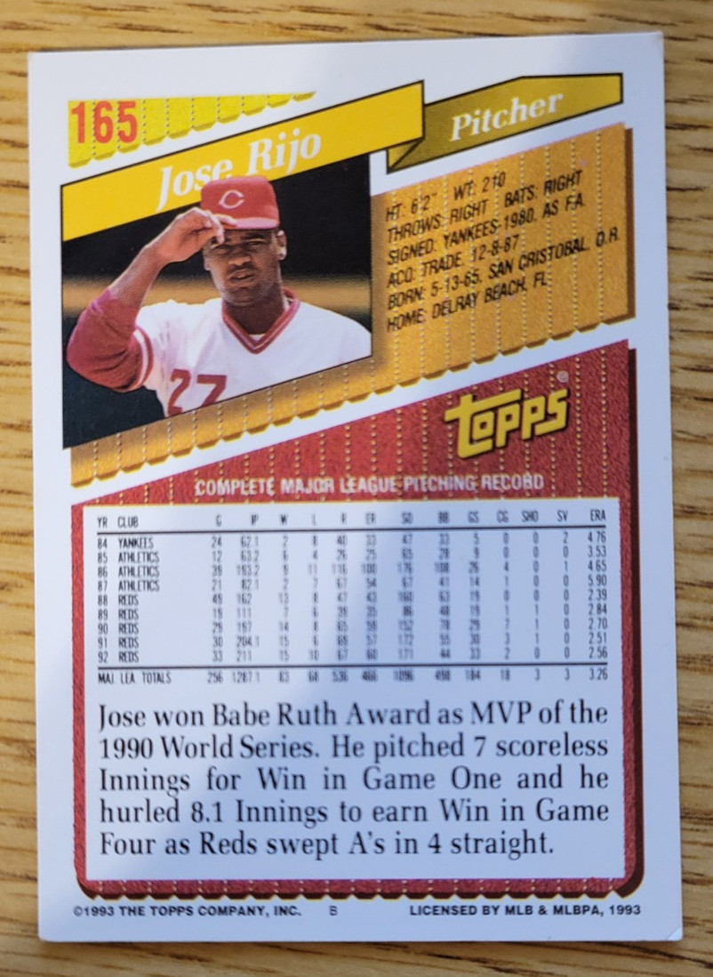 Jose Rijo Baseball Card #165