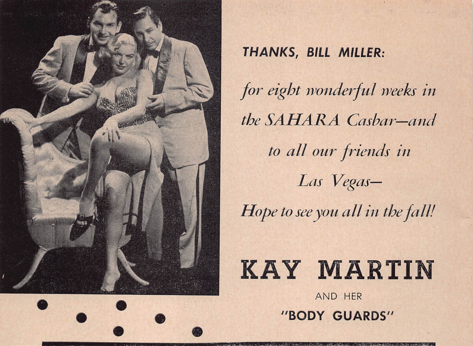 1955 Kay Martin Body Guards 1950s Advertisement Las Vegas Sahara Casbar Legs