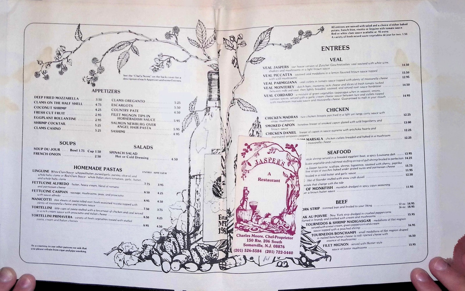 1970s Jasper’s Restaurant Menu Bi-Fold Continental American Cuisine Veal Pasta