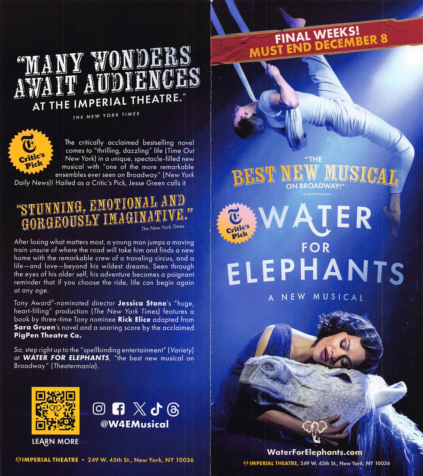 Water for Elephants the Musical Ad Flyer Broadway New York City Grant Gustin