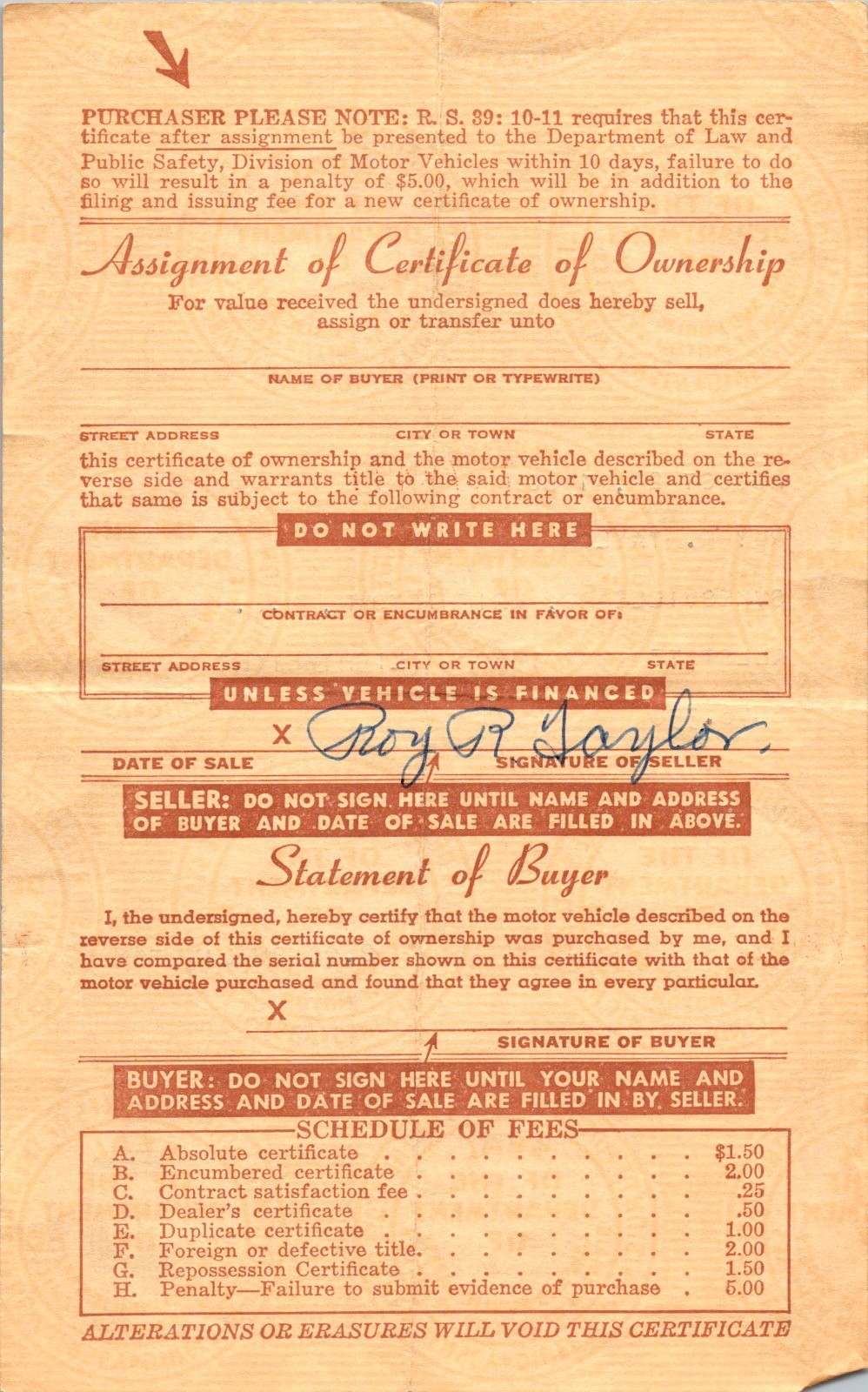 New Jersey Certificate of Ownership 1960 Allstate Motorcycle Roy R Taylor