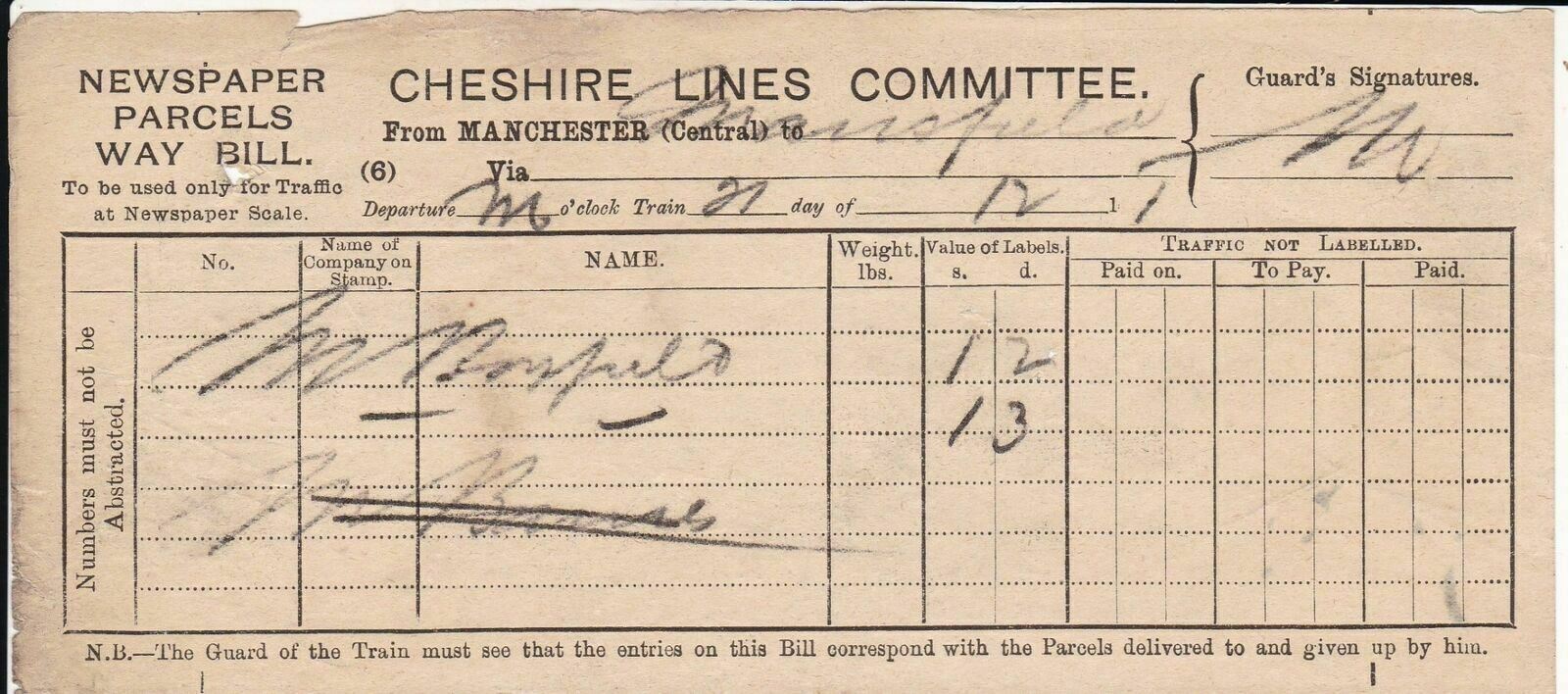 CHESHIRE LINES COMMITTEE 1900s Manchester-Mans. Newspaper Parcels Way Bill 45202