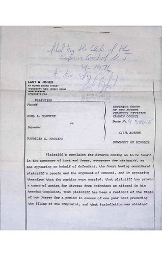 New Jersey Superior Court Divorce Judgment Paul vs Patricia Maguire 1976