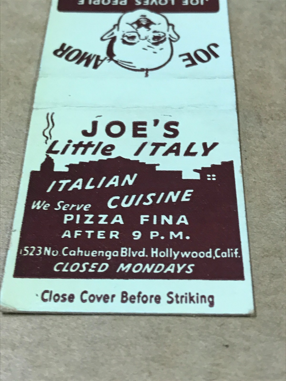 Vintage Joe’s Little Italy – Hollywood, California – Matchcover, Matchbook