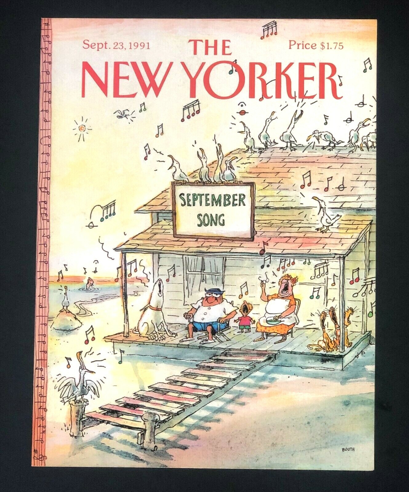 1991 New Yorker Magazine Cover September Song Goodbye Summer Singing Cat Dog