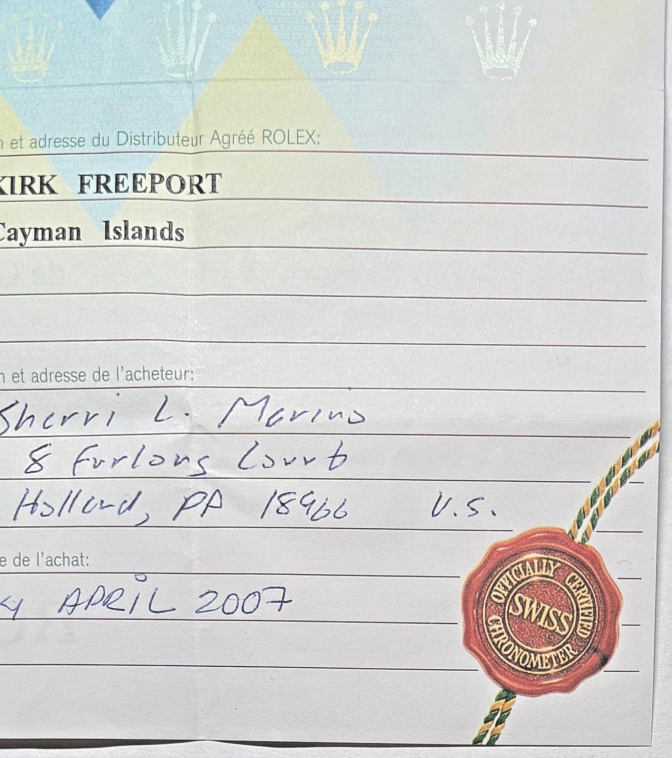 Rolex 179173 Datejust Warranty Certificate Guarantee 2000s D Serial Cert